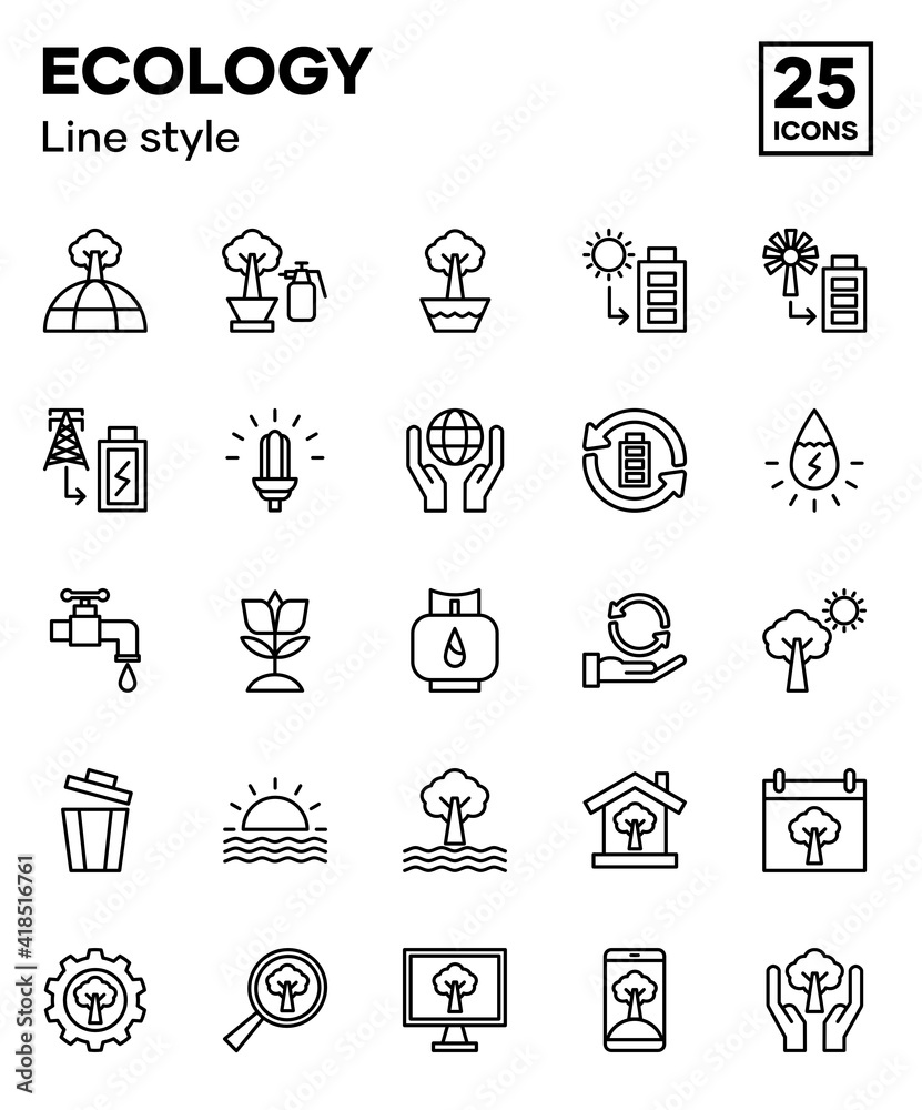 Ecological icon set with line styles, including the environment, natural resources, energy, and nature. Editable vector icons