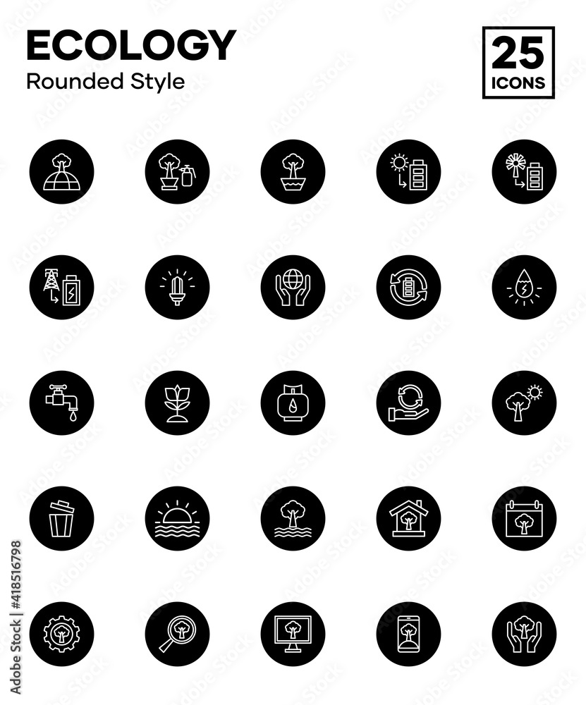 Ecological icon set with rounded styles, including the environment, natural resources, energy, and nature. Editable vector icons Ecological icon set with rounded styles, including the environment, natural resources, energy, and nature. Editable vector icons