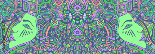 Surreal psychedelic kaleidoscope fantastic girls. Vector hand drawn illustration with fantasy surreal woman.