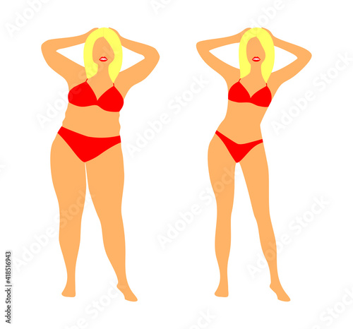 Fat and slim women in a red swimsuit frontal on a white background. Vector illustration before and after weight loss.