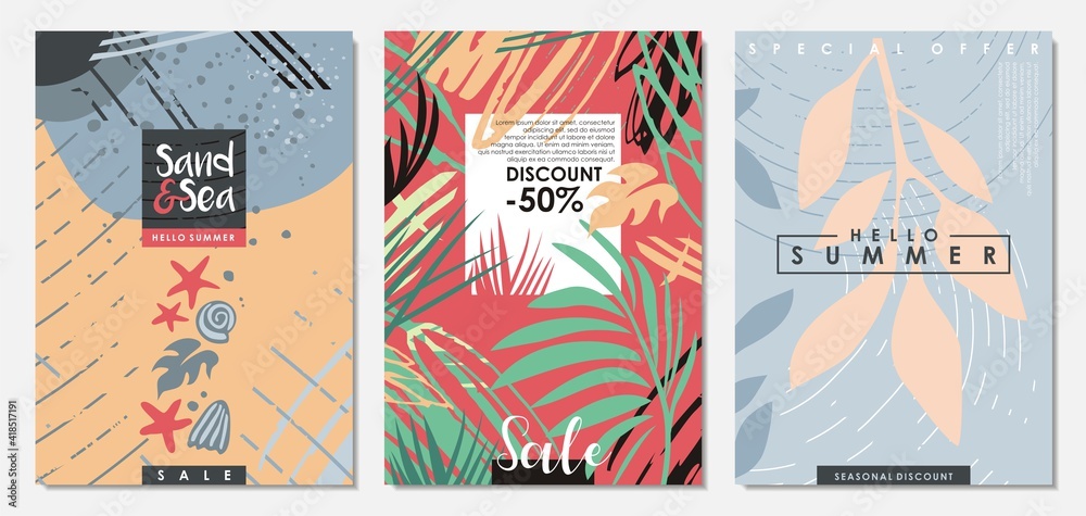 Summer seasonal sale banners, covers, placards, posters, ads collection. Floral and sea shore patterns. Tropical plants and leaves vector backdrops and promo documents layout.