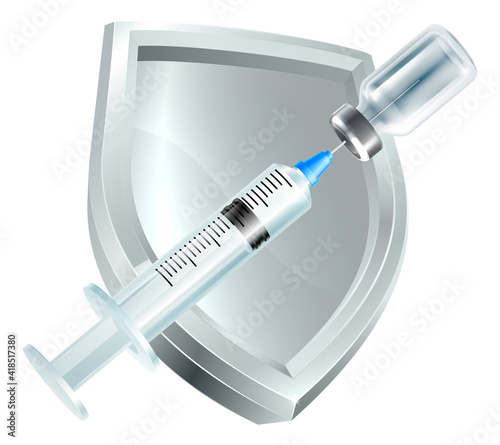 A vaccine immunisation or other medicine syringe injection with shield medical concept