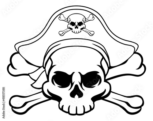 A skull and crossbones jolly roger wearing a pirate hat which also has a cross bones on it