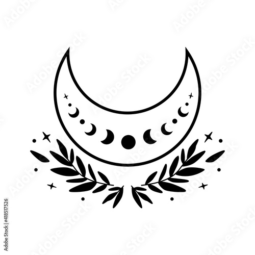 Flower moon phase symbol. Beauty black moon tattoo design. Celestial crescent isolated Astrology girl crescent.