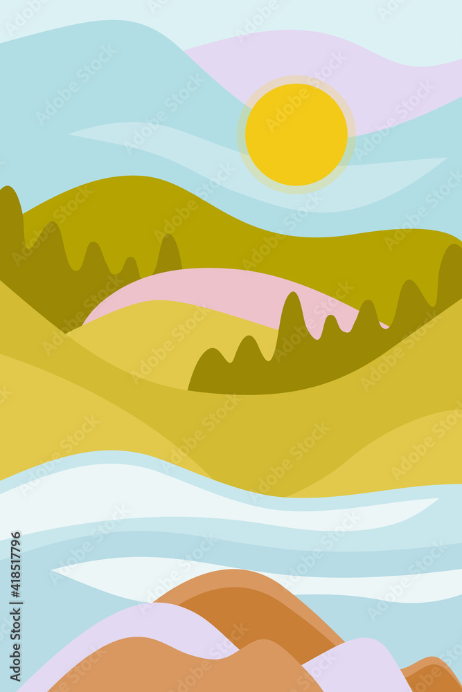 Abstract minimalistic poster. Spring, lavender fields, sun, mountains, forest and river. Vector illustration for printing on paper, fabric.