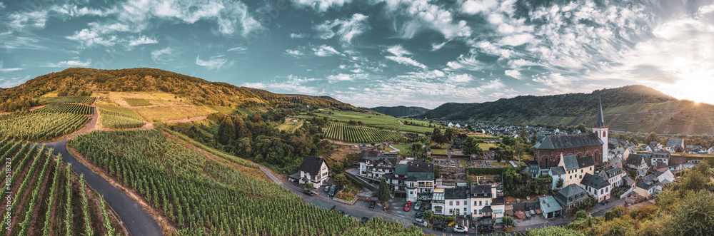 Fototapeta premium Panoramic view of the Moselle vineyards near Bruttig-Fankel, Germany. .Created from several images to create a panorama image.