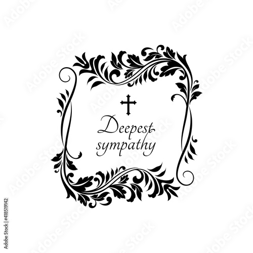 Fototapeta Condolence message on gravestone with vintage flower ornaments and crucifix cross