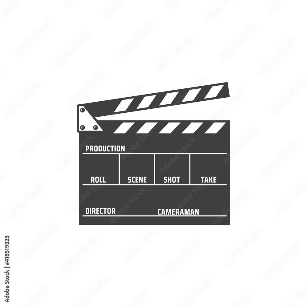 Fototapeta premium Clapper board isolated film production desk monochrome icon. Vector movie shooting instrument with mention of scene and shot number, director and cameraman. Cinema clapboard, scene and action board