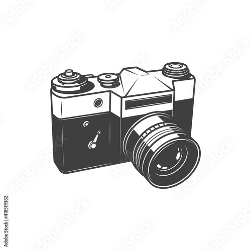 Old photo camera, photography shooting equipment isolated monochrome icon. Vector analog vintage cam with folding lens or object-glass, photographer instrument, photo-camera photography symbol