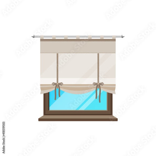 Window with curtain blind drapes or folding shutters vector flat isolated icon. Classic window frame with textile cloth drapery shades, house jalousie rolls on wooden cornice rod