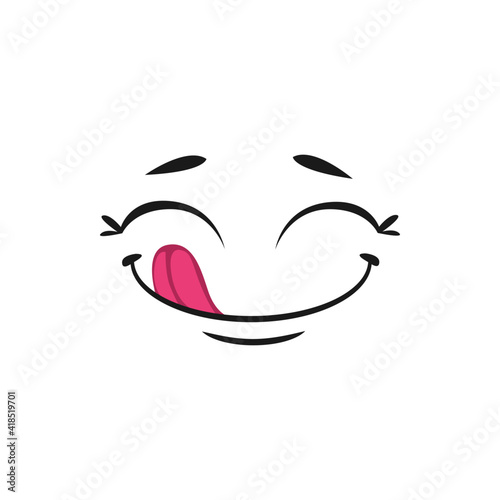 Smiley with tongue isolated pleased emoji. Vector social network emoticon, trendy smile in line art style. Yummy emoji speech bubble or chatbot, tasty food, enjoy of gourmet snack. Teasing smiley