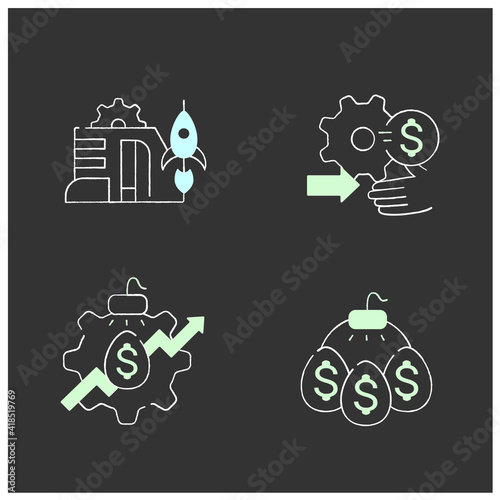 Business incubator chalk icons set. Incubator services, startup companies, public companies, technical commercialization. Profitable investment. Isolated vector illustrations on chalkboard