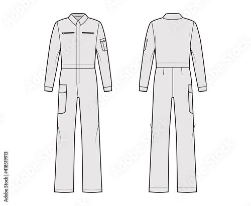 Boilersuit coverall Dungaree jumpsuit technical fashion illustration with full length, normal waist, high rise, pockets, long sleeves. Flat front back, grey color style. Women, men unisex CAD mockup