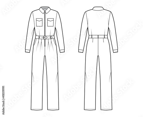Siren suit overall jumpsuit technical fashion illustration with full length, belt, zipper closure, pockets, long sleeves. Flat Dungaree front back, white, grey color style. Women men unisex CAD mockup