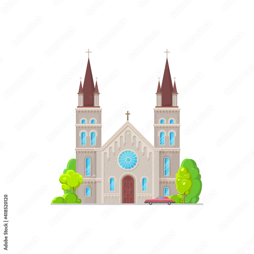 Catholic church building vector icon. Medieval cathedral with gothic steeples, arch and rose windows. Chapel or monastery facade, christian church , architecture exterior with parked car at entrance