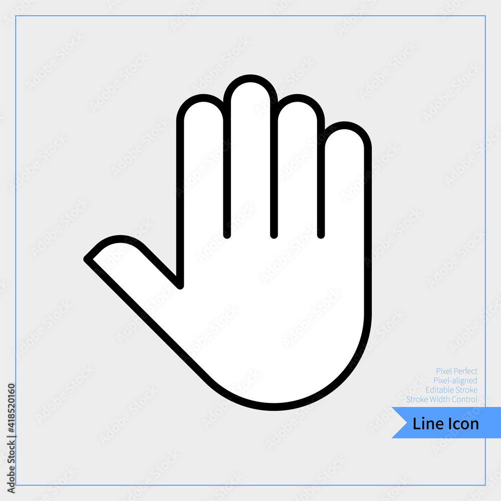 Stop hand icon. Raised hand, gestures concept, open palm sign on white background, hand up icon. Thin line icon. professional, pixel-aligned, Pixel Perfect, Editable Stroke, Easy Scalablility. Stop hand icon. Raised hand, gestures concept, open palm sign on white background, hand up icon. Thin line icon. professional, pixel-aligned, Pixel Perfect, Editable Stroke, Easy Scalablility.
