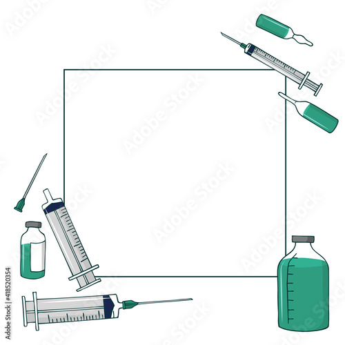 Vaccinations, injections and medications. Frame for text with doodle elements in the corners. Syringes and ampoules. Line frame on a white background.