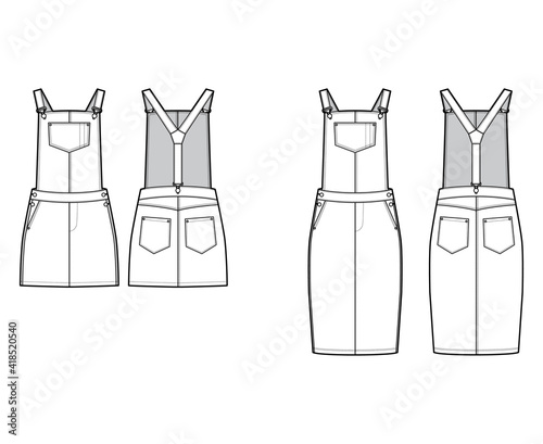 Set of Dungarees Denim overall jumpsuit dress technical fashion illustration with knee mini length, normal waist, pockets, Rivets. Flat front back, white color style. Women, men unisex CAD mockup