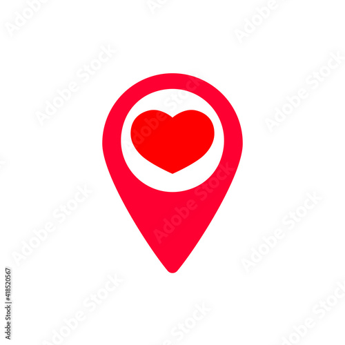 Pointer with heart icon, flat graphic design template, symbol for map, Valentine’s Day party sign, vector illustration