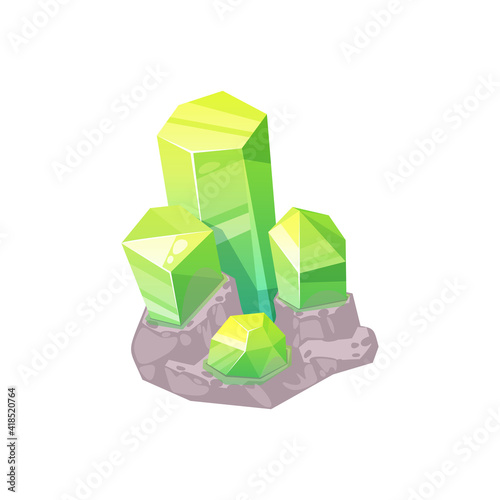 Topaz green mineral isolated shiny natural gem precious stone. Vector mineralogy symbol, crystalline stone or gemstone sapphire. Golden nugget, jewel raw material, jewelry organic crystal in rock