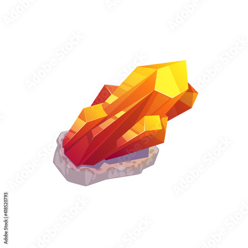 Topaz orange yellow mineral isolated natural precious stone in rock. Vector mineralogy symbol, crystalline stone or gemstone sapphire. Jewelry precious stone or organic orange crystal, golden nugget photo