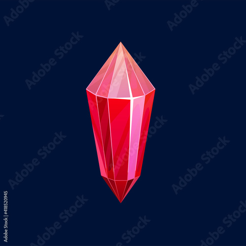 Red gem, magic crystal, rock vector icon. Mineral ruby stalagmite prism, crystalline stone. Gemstone tourmaline, spinel or fire opal, precious or semiprecious unfaceted raw jewelry cartoon sign