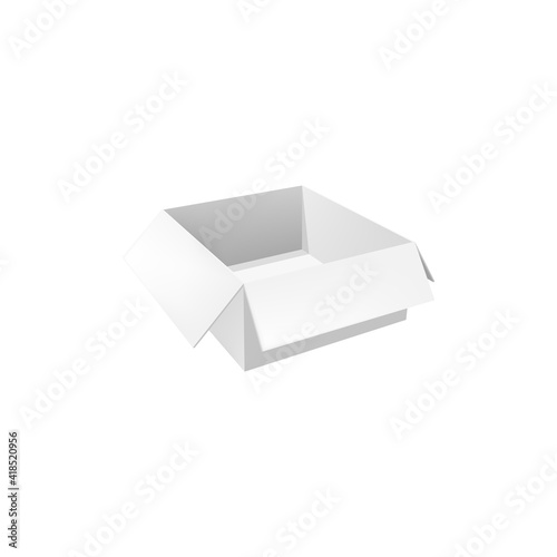 Box realistic 3d vector mockup, blank white cardboard package. Isolated open carton paper low pack and delivery parcel, package for present or gift design element