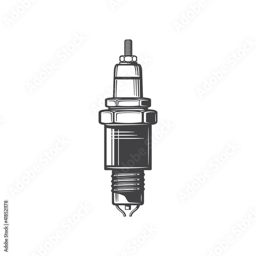 Plug car-ignition system engine spare part isolated monochrome icon. Vector spark plug of internal combustion candle, car-ignition system engine spare part, automotive fix and maintenance symbol