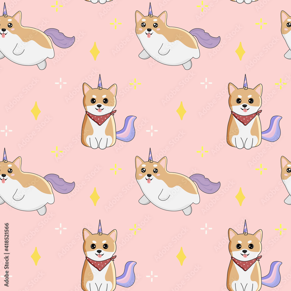 Seamless pattern with shiba inu and stars. Background for wrapping paper,  greeting cards, design.