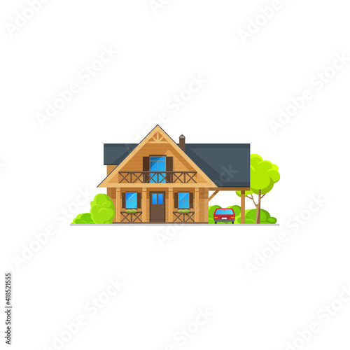 House, bungalow cottage of wood, mansion hut building, vector flat icon. Private house and residential architecture, village family townhouse and home apartment with terrace and garage carport