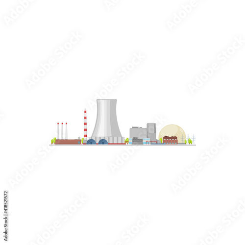 Energy power plant, nuclear turbine and electric industry factory, vector flat building. Power plant or electricity generator station icon, nuclear or hydroelectric and chemical factory with dam tower