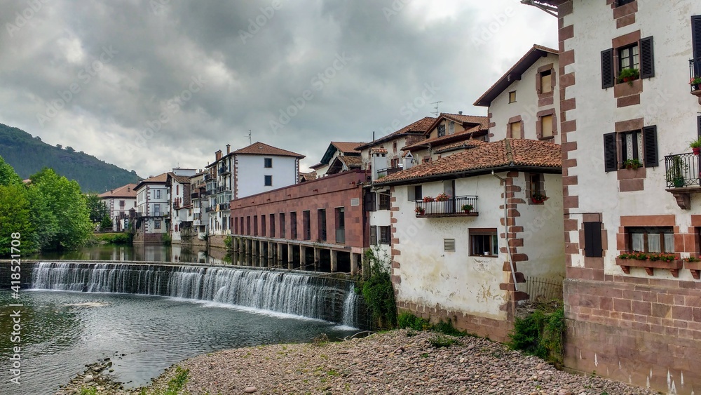 Baztan river and Elizondo village, Baztan valley, Navarre, Spain