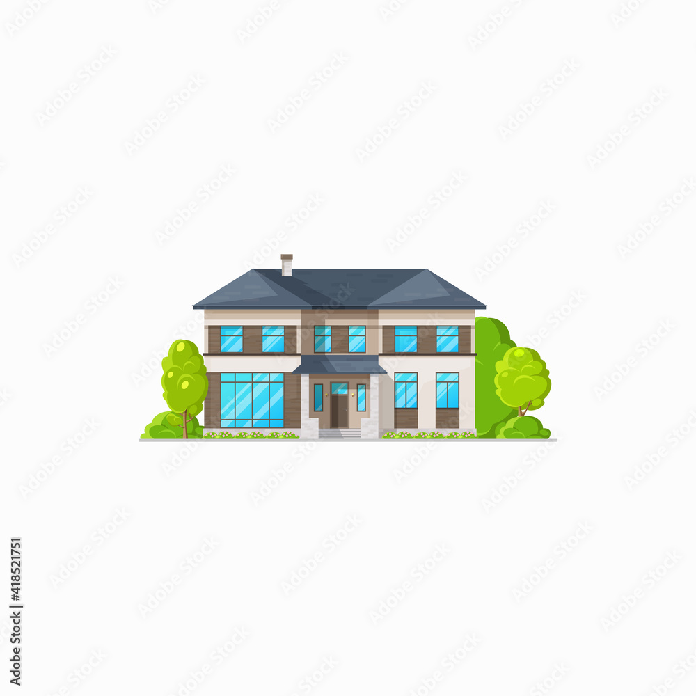 Rural building villa cottage isolated realistic house. Vector retro building on sale, countryside style construction, rural home trees on lawn. Private property on rent, suburban apartment