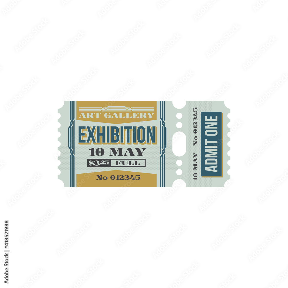 Retro ticket to exhibition of art gallery, free pass isolated vintage coupon, price and date. Vector hall of art, admit one on card. Exhibition in museum, voucher access single entry, cultural event Retro ticket to exhibition of art gallery, free pass isolated vintage coupon, price and date. Vector hall of art, admit one on card. Exhibition in museum, voucher access single entry, cultural event