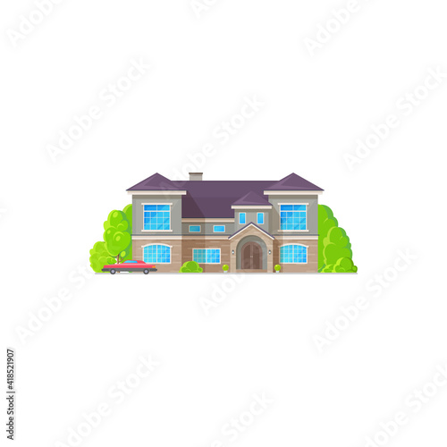 Vintage chalet country house, contemporary building with trees and vintage car isolated icon. Vector american luxury patio. House exterior with arched door, panoramic windows and garden trees