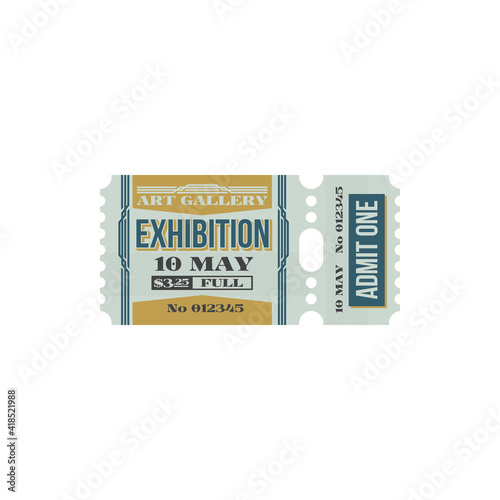 Retro ticket to exhibition of art gallery, free pass isolated vintage coupon, price and date. Vector hall of art, admit one on card. Exhibition in museum, voucher access single entry, cultural event