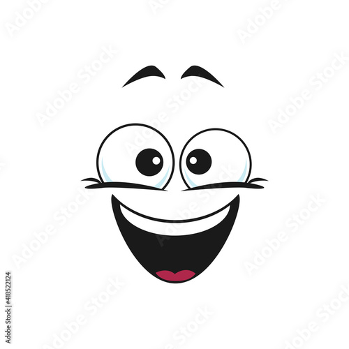 Happy cartoon face isolated vector icon, wide smile facial emoji. Funny emotion, comic face with toothy smiling mouth and round eyes isolated on white background