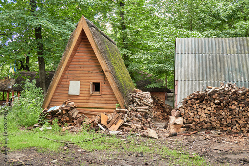 large pile of firewood near wooden house in avillage on outskirts of forest. rural abandoned building in forest. ecological fuel, lack of civilization, unity with nature, village life, poverty concept photo