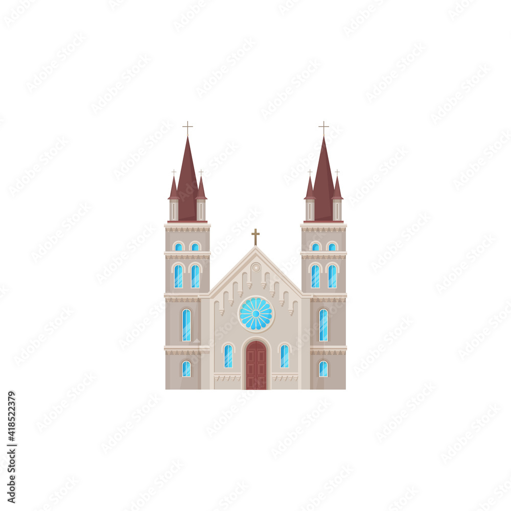 Catholic church building vector icon. Antique church architecture, cathedral, chapel or monastery glass facade with cross. Modern christian evangelic religious exterior isolated sign