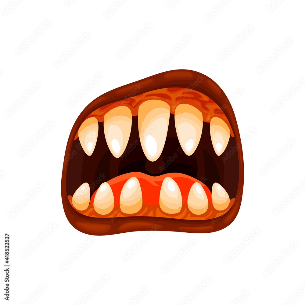 Naklejka premium Monster mouth vector icon, creepy zombie or alien grin or roar jaws with yellow teeth and brown lips, Halloween creature roaring mouth isolated on white background
