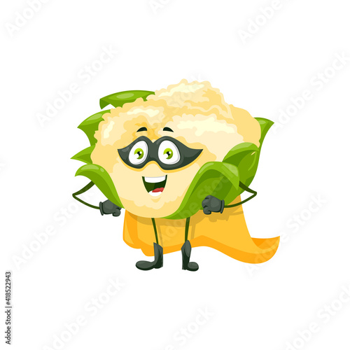 Cartoon cauliflower super hero isolated vector icon. Funny vegetable in cloak and mask with arms akimbo. Fairytale character, healthy food, vitamin superhero personage