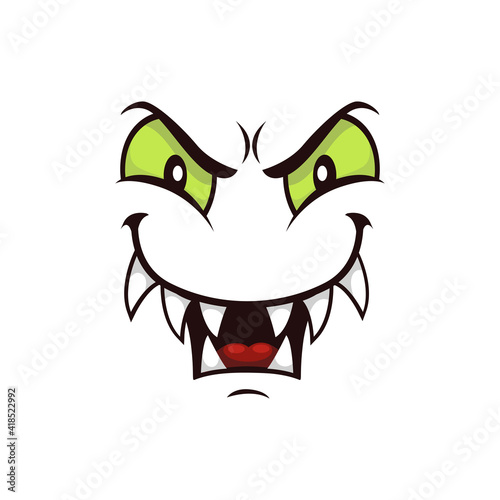 Monster face cartoon vector icon, creepy creature emotion with predatory gloat smile, squinted green eyes and toothy mouth. Halloween ghost, alien or spooky emoji isolated on white background photo