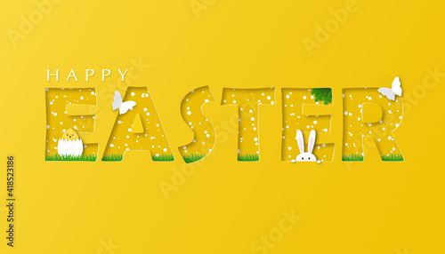 Happy easter. Greeting card in paper cut style.