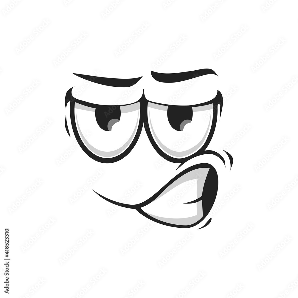 Distrustful emoji with big eyes, doubtful questioned smile isolated icon. Vector suspicious emoticon facial expression, distrusted mood. Questionable angry uncertain smiley, doubtful face expression Distrustful emoji with big eyes, doubtful questioned smile isolated icon. Vector suspicious emoticon facial expression, distrusted mood. Questionable angry uncertain smiley, doubtful face expression