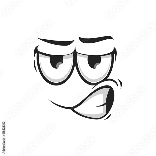 Distrustful emoji with big eyes, doubtful questioned smile isolated icon. Vector suspicious emoticon facial expression, distrusted mood. Questionable angry uncertain smiley, doubtful face expression