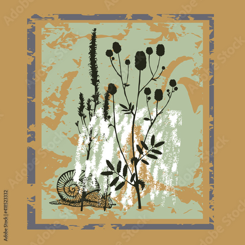 Herbarium. Variants of different textures and plants. Suitable for interior decoration, postcards, invitations. Stylish vector illustration.