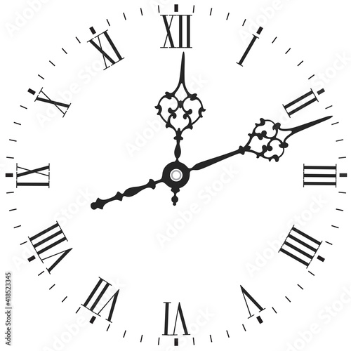 Elegant clock face with roman numerals on white background