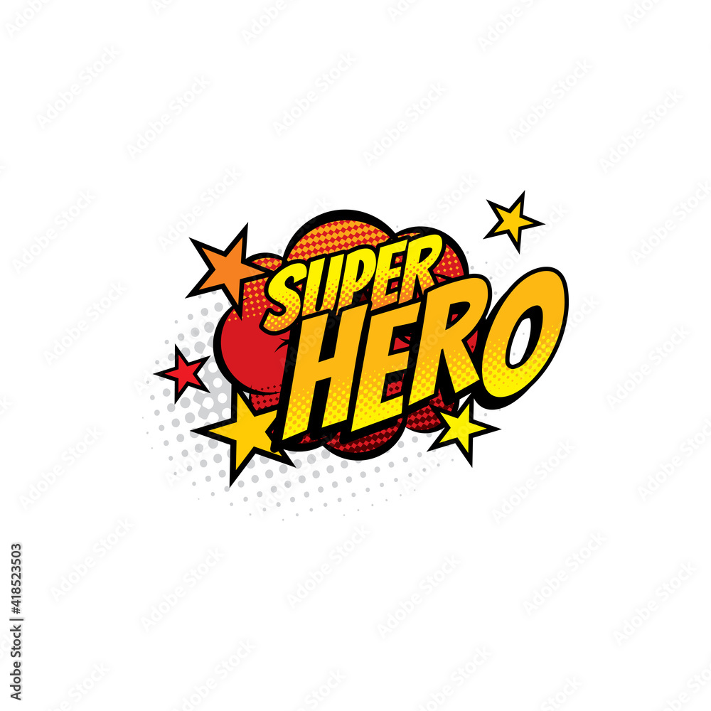 Super hero comics half tone bubble isolated icon. Vector boom bang colorful superhero symbol, typography emblem. Cartoon pop art retro sound cloud blast explosion with stars and dotted pattern