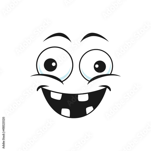 Strange emoji with broad smile, crazy idiot emoticon isolated icon. Vector strange cheerful person social network emoji. Stupid emoji with rare tooth, emoticon with silly eyes, stupid face expression
