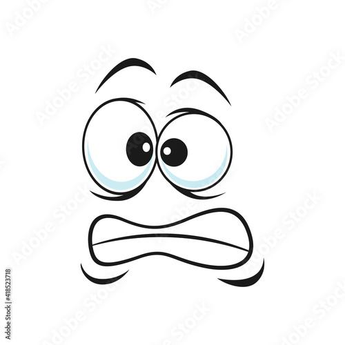 Strange emoji with broad smile, crazy idiot not knowing what to do facial expression. Vector strange stupid emoticon with broad toothy smile, emoticon with silly eyes, confused face expression